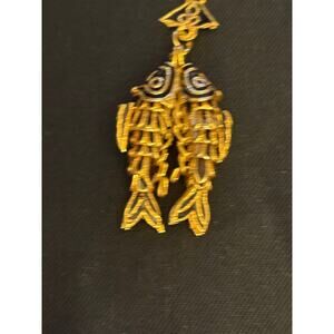 Vintage Gold Tone Double articulating Fish Pendant Black Enamel 3”